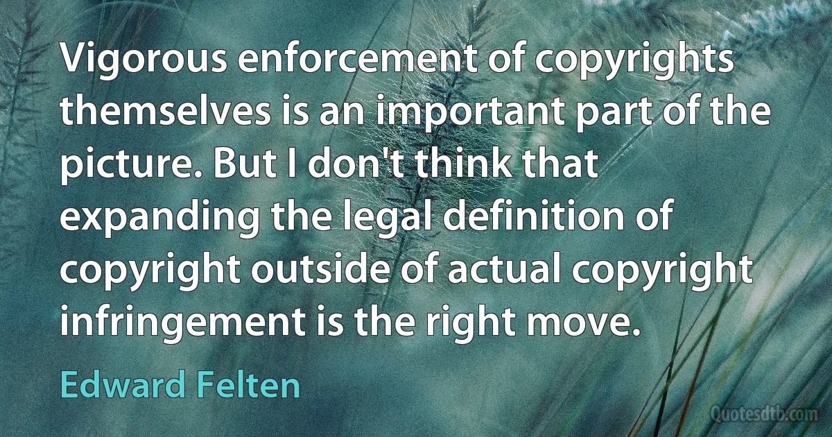 Vigorous enforcement of copyrights themselves is an important part of the picture. But I don't think that expanding the legal definition of copyright outside of actual copyright infringement is the right move. (Edward Felten)