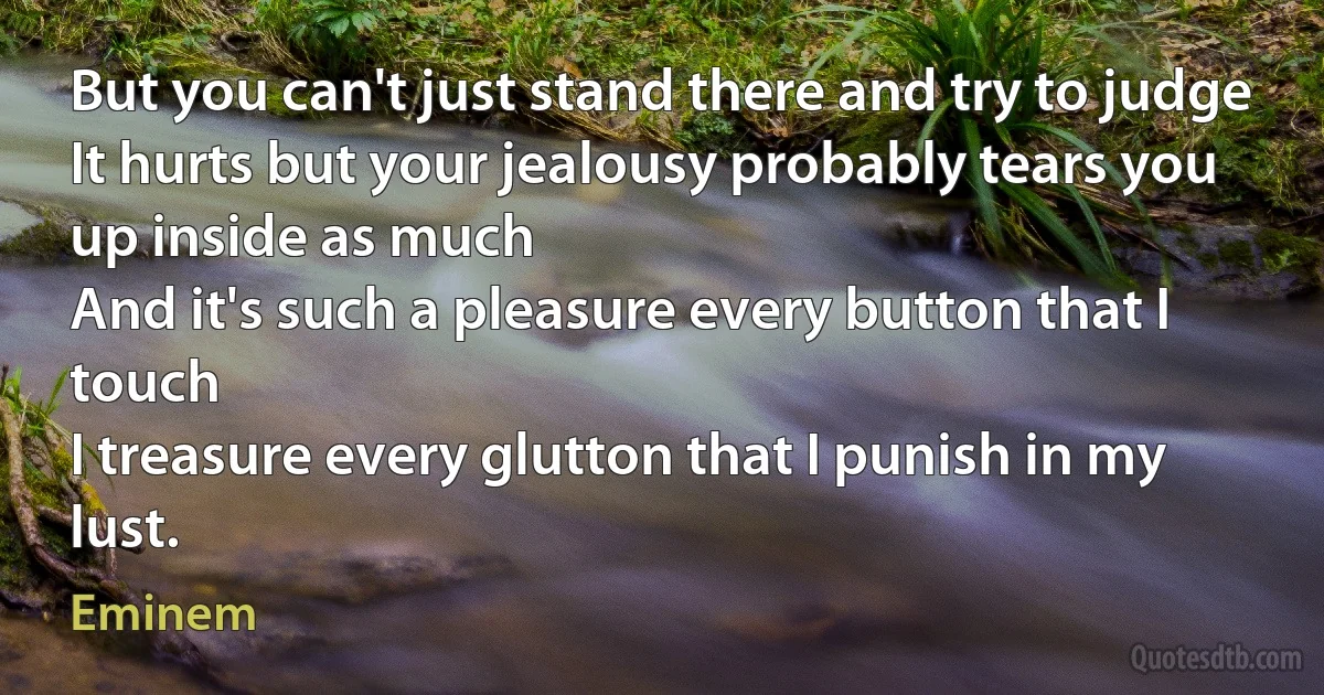 But you can't just stand there and try to judge
It hurts but your jealousy probably tears you up inside as much
And it's such a pleasure every button that I touch
I treasure every glutton that I punish in my lust. (Eminem)