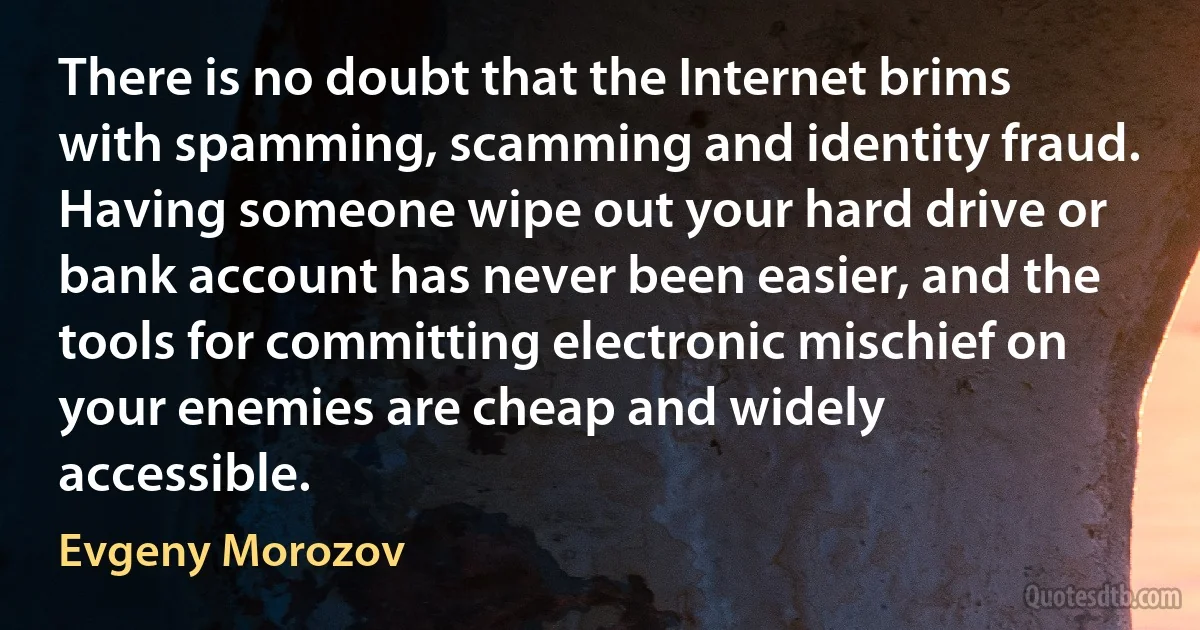 There is no doubt that the Internet brims with spamming, scamming and identity fraud. Having someone wipe out your hard drive or bank account has never been easier, and the tools for committing electronic mischief on your enemies are cheap and widely accessible. (Evgeny Morozov)