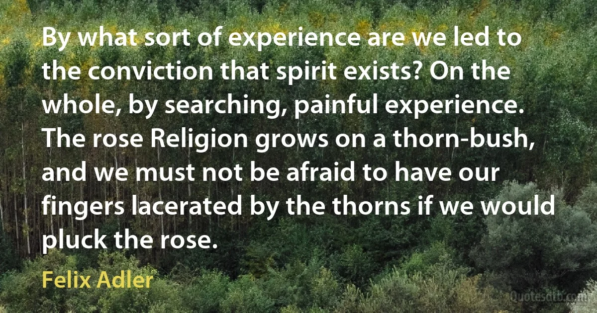 By what sort of experience are we led to the conviction that spirit exists? On the whole, by searching, painful experience. The rose Religion grows on a thorn-bush, and we must not be afraid to have our fingers lacerated by the thorns if we would pluck the rose. (Felix Adler)