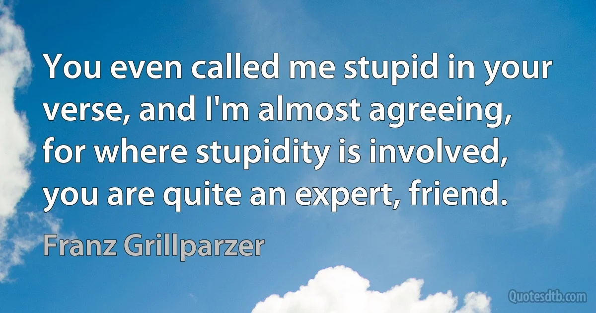 You even called me stupid in your verse, and I'm almost agreeing, for where stupidity is involved, you are quite an expert, friend. (Franz Grillparzer)