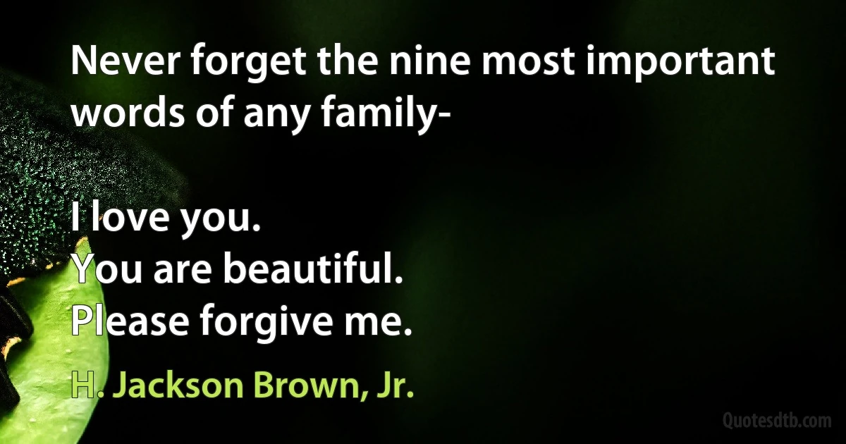 Never forget the nine most important words of any family-

I love you.
You are beautiful.
Please forgive me. (H. Jackson Brown, Jr.)