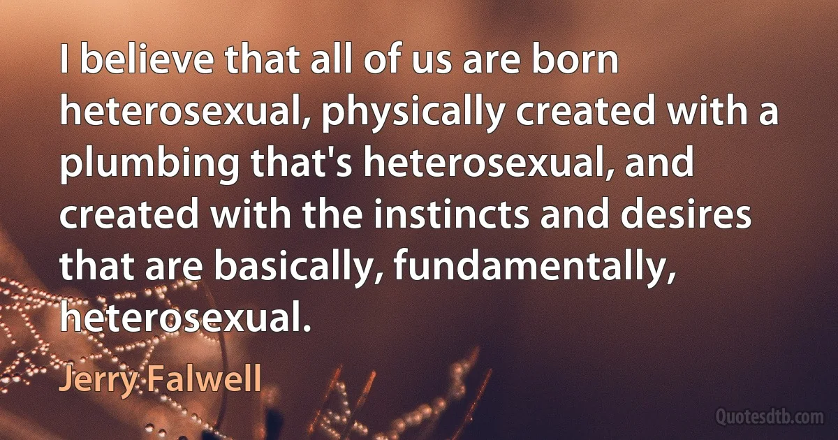 I believe that all of us are born heterosexual, physically created with a plumbing that's heterosexual, and created with the instincts and desires that are basically, fundamentally, heterosexual. (Jerry Falwell)