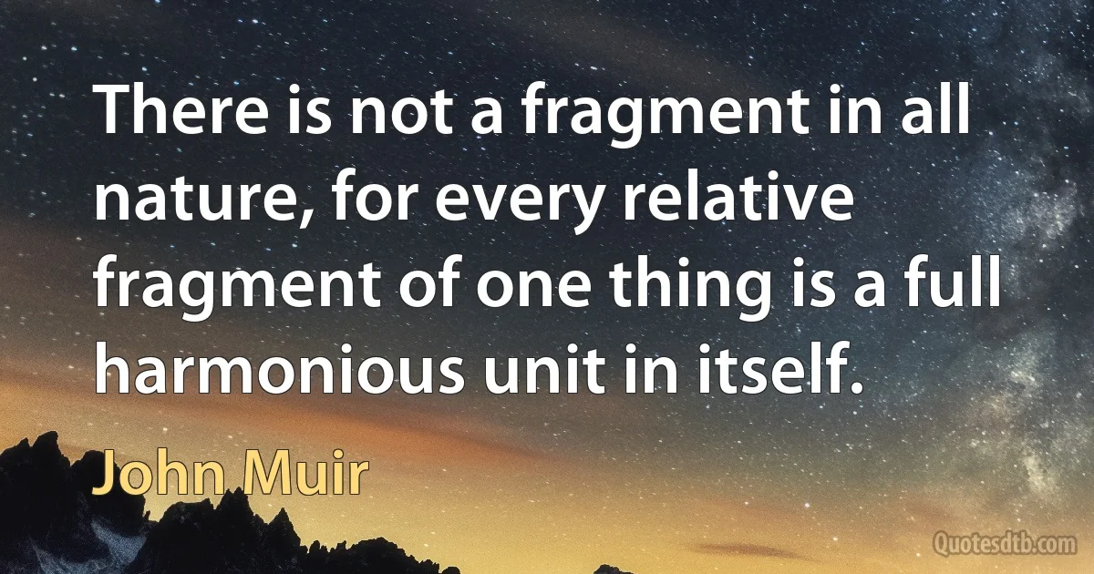 There is not a fragment in all nature, for every relative fragment of one thing is a full harmonious unit in itself. (John Muir)