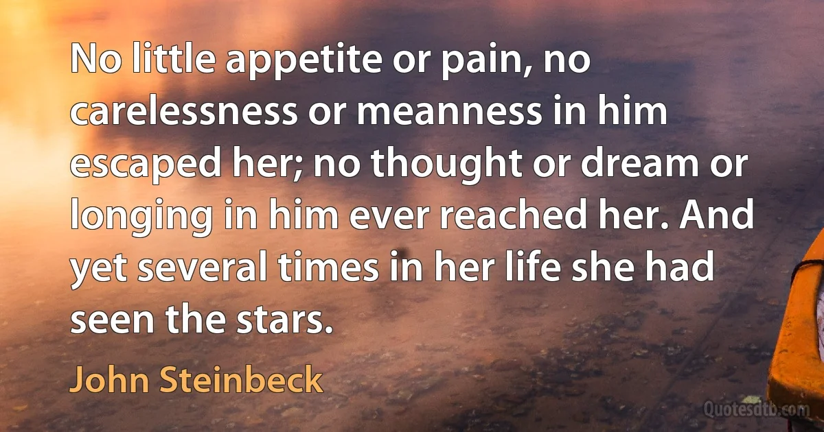 No little appetite or pain, no carelessness or meanness in him escaped her; no thought or dream or longing in him ever reached her. And yet several times in her life she had seen the stars. (John Steinbeck)