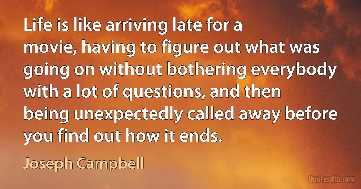 Life is like arriving late for a movie, having to figure out what was going on without bothering everybody with a lot of questions, and then being unexpectedly called away before you find out how it ends. (Joseph Campbell)