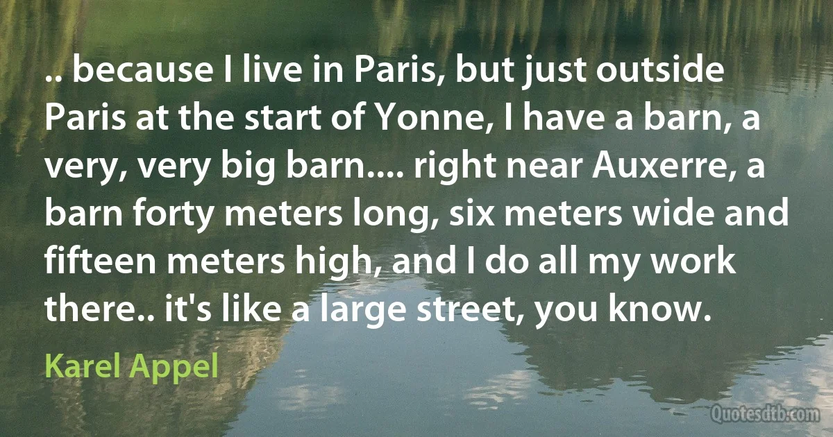 .. because I live in Paris, but just outside Paris at the start of Yonne, I have a barn, a very, very big barn.... right near Auxerre, a barn forty meters long, six meters wide and fifteen meters high, and I do all my work there.. it's like a large street, you know. (Karel Appel)