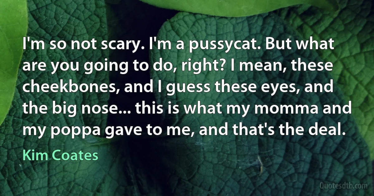 I'm so not scary. I'm a pussycat. But what are you going to do, right? I mean, these cheekbones, and I guess these eyes, and the big nose... this is what my momma and my poppa gave to me, and that's the deal. (Kim Coates)