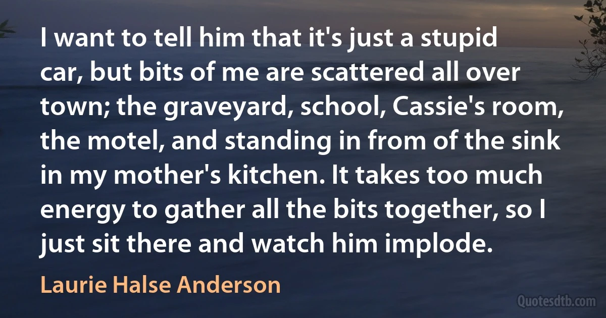 I want to tell him that it's just a stupid car, but bits of me are scattered all over town; the graveyard, school, Cassie's room, the motel, and standing in from of the sink in my mother's kitchen. It takes too much energy to gather all the bits together, so I just sit there and watch him implode. (Laurie Halse Anderson)