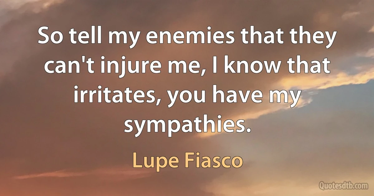 So tell my enemies that they can't injure me, I know that irritates, you have my sympathies. (Lupe Fiasco)