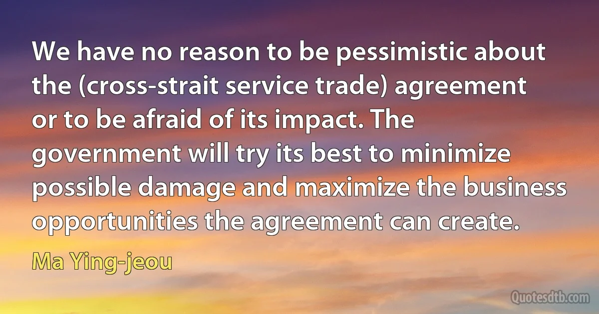 We have no reason to be pessimistic about the (cross-strait service trade) agreement or to be afraid of its impact. The government will try its best to minimize possible damage and maximize the business opportunities the agreement can create. (Ma Ying-jeou)