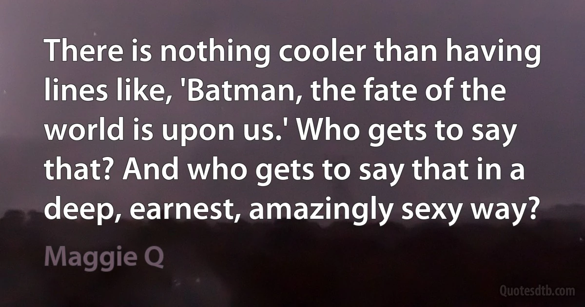 There is nothing cooler than having lines like, 'Batman, the fate of the world is upon us.' Who gets to say that? And who gets to say that in a deep, earnest, amazingly sexy way? (Maggie Q)