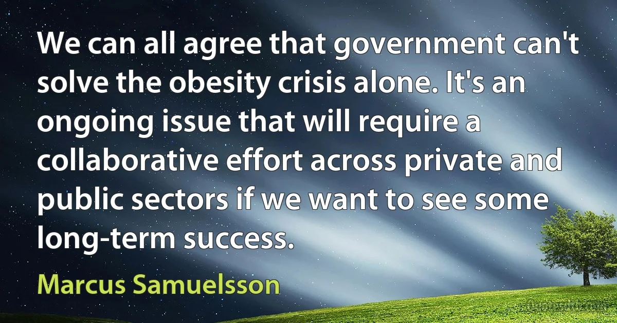 We can all agree that government can't solve the obesity crisis alone. It's an ongoing issue that will require a collaborative effort across private and public sectors if we want to see some long-term success. (Marcus Samuelsson)