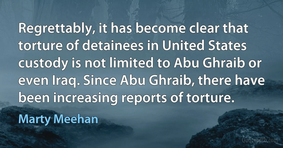 Regrettably, it has become clear that torture of detainees in United States custody is not limited to Abu Ghraib or even Iraq. Since Abu Ghraib, there have been increasing reports of torture. (Marty Meehan)