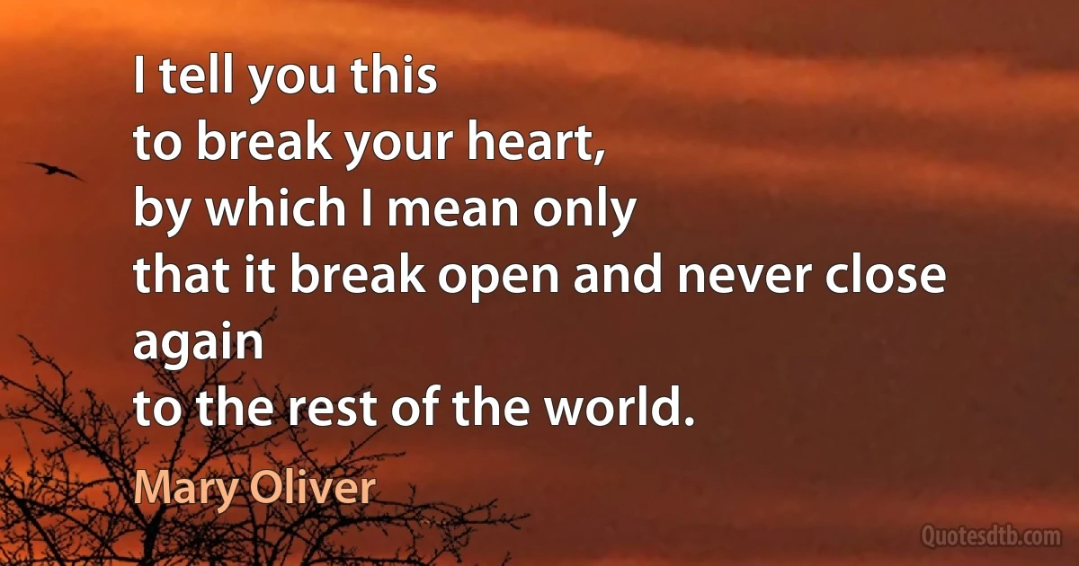 I tell you this
to break your heart,
by which I mean only
that it break open and never close again
to the rest of the world. (Mary Oliver)