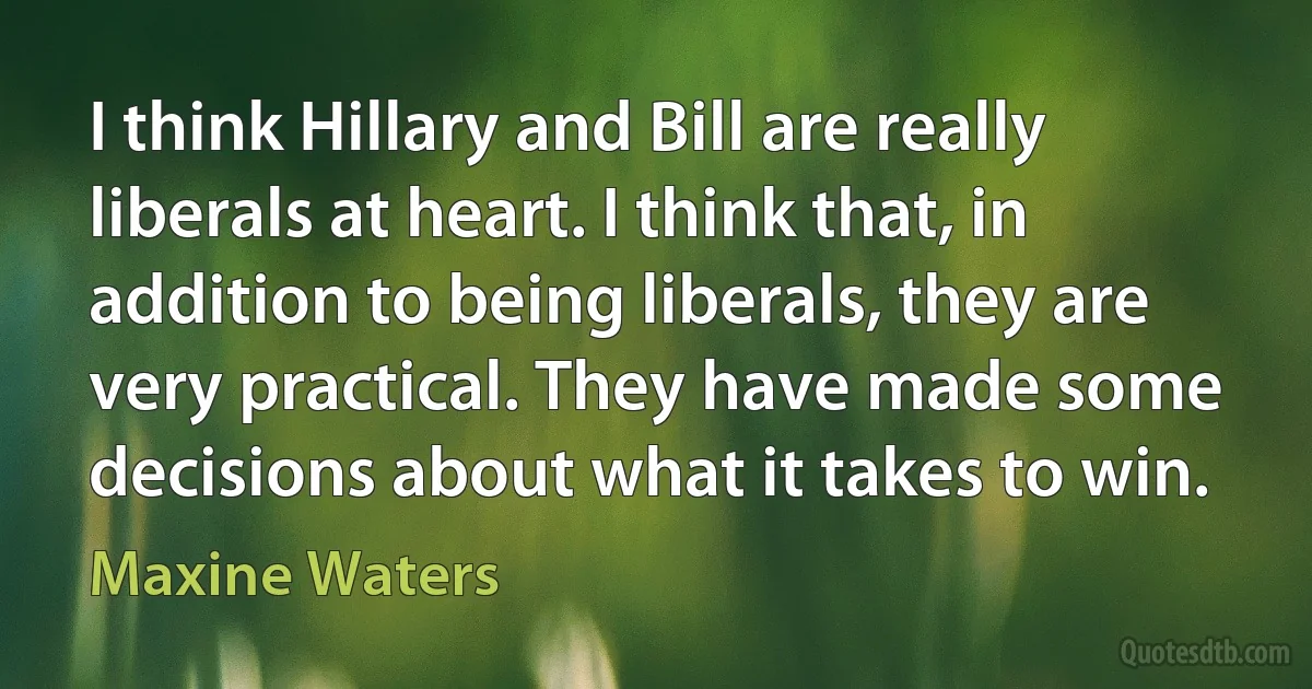 I think Hillary and Bill are really liberals at heart. I think that, in addition to being liberals, they are very practical. They have made some decisions about what it takes to win. (Maxine Waters)