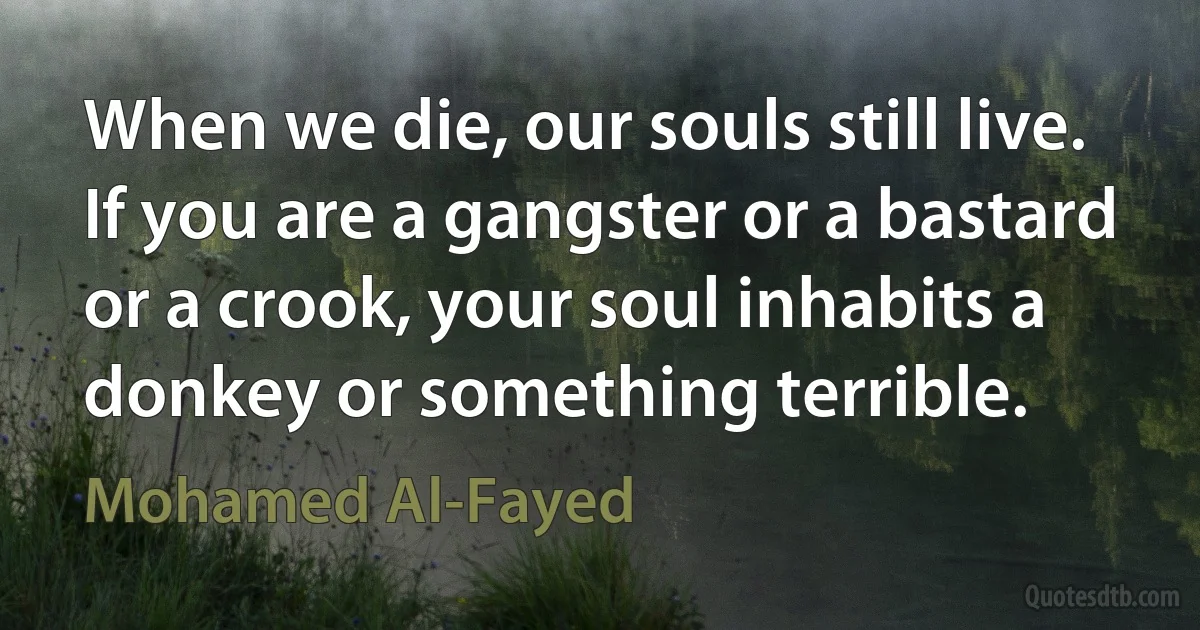 When we die, our souls still live. If you are a gangster or a bastard or a crook, your soul inhabits a donkey or something terrible. (Mohamed Al-Fayed)