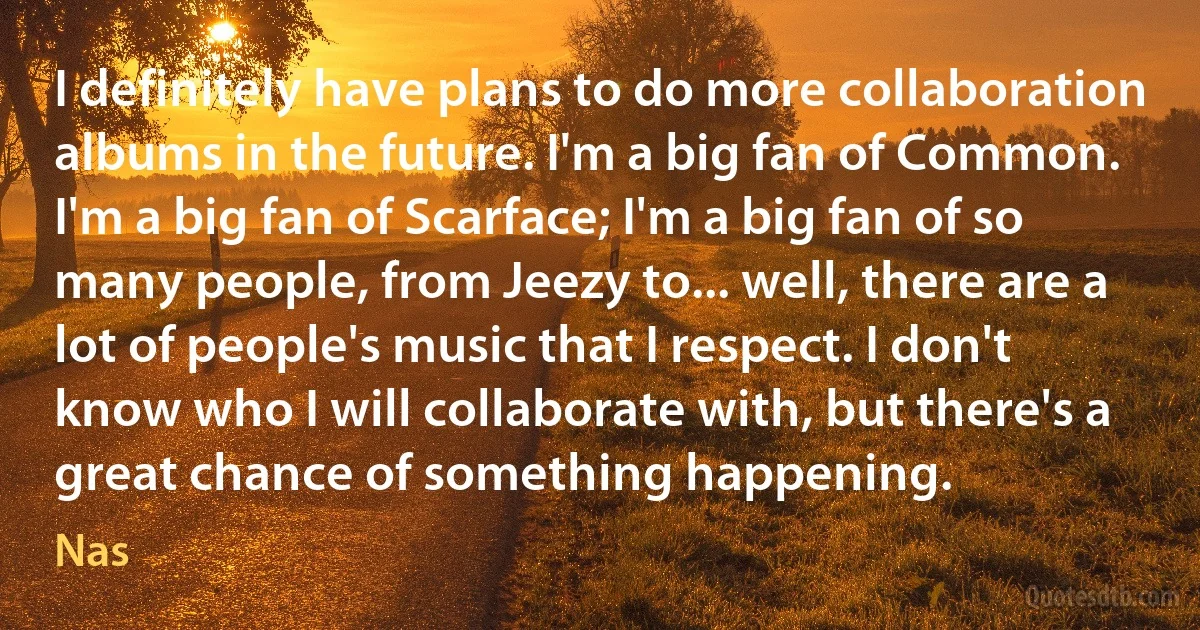 I definitely have plans to do more collaboration albums in the future. I'm a big fan of Common. I'm a big fan of Scarface; I'm a big fan of so many people, from Jeezy to... well, there are a lot of people's music that I respect. I don't know who I will collaborate with, but there's a great chance of something happening. (Nas)