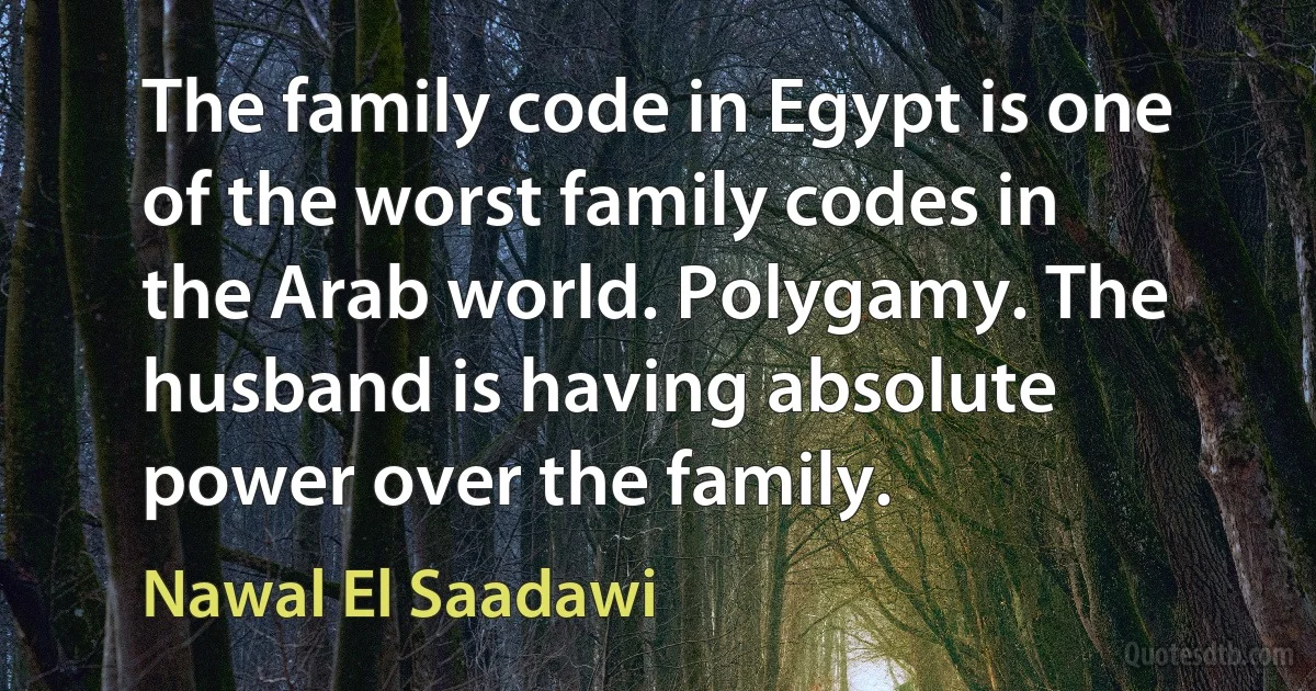 The family code in Egypt is one of the worst family codes in the Arab world. Polygamy. The husband is having absolute power over the family. (Nawal El Saadawi)