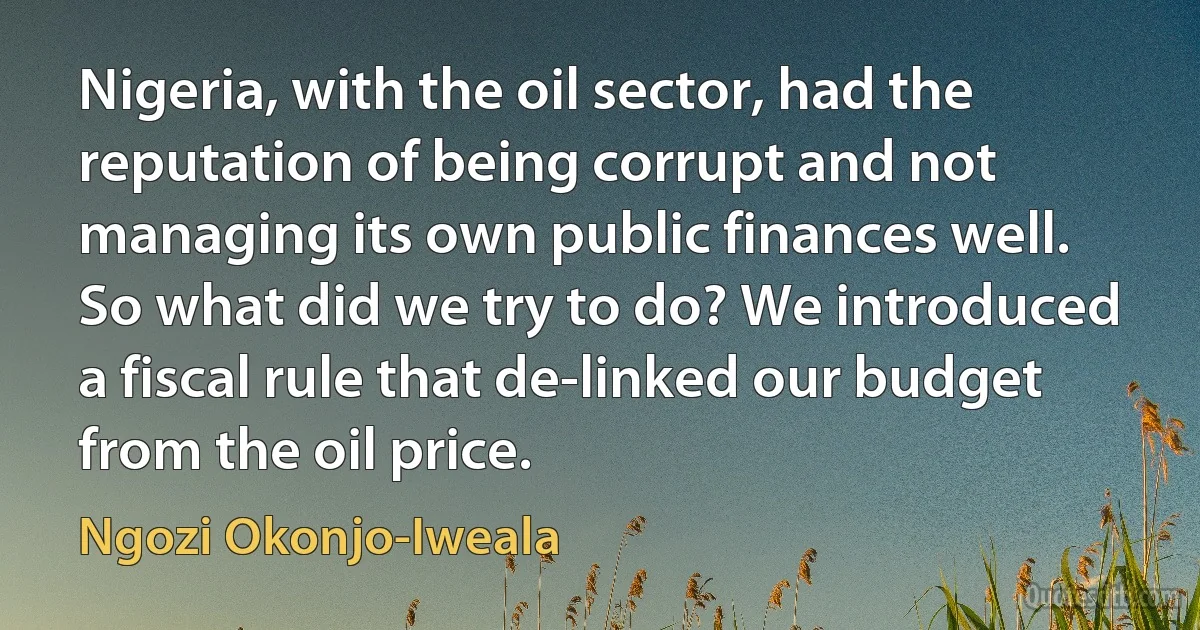 Nigeria, with the oil sector, had the reputation of being corrupt and not managing its own public finances well. So what did we try to do? We introduced a fiscal rule that de-linked our budget from the oil price. (Ngozi Okonjo-Iweala)