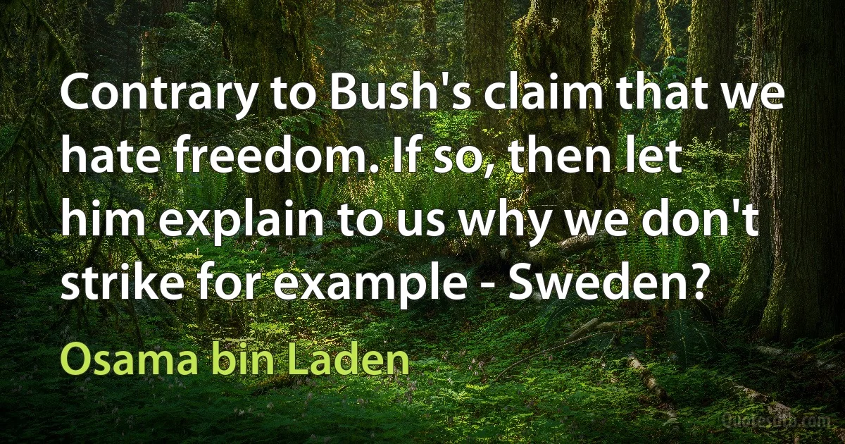 Contrary to Bush's claim that we hate freedom. If so, then let him explain to us why we don't strike for example - Sweden? (Osama bin Laden)