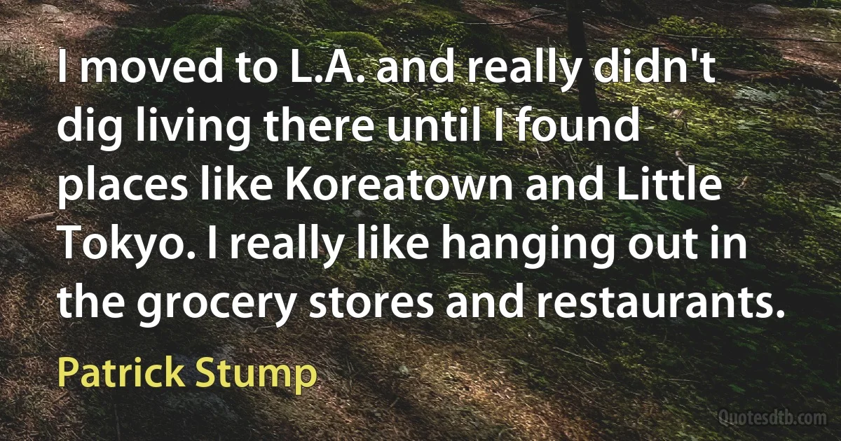 I moved to L.A. and really didn't dig living there until I found places like Koreatown and Little Tokyo. I really like hanging out in the grocery stores and restaurants. (Patrick Stump)