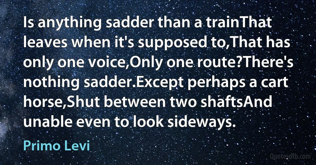 Is anything sadder than a trainThat leaves when it's supposed to,That has only one voice,Only one route?There's nothing sadder.Except perhaps a cart horse,Shut between two shaftsAnd unable even to look sideways. (Primo Levi)