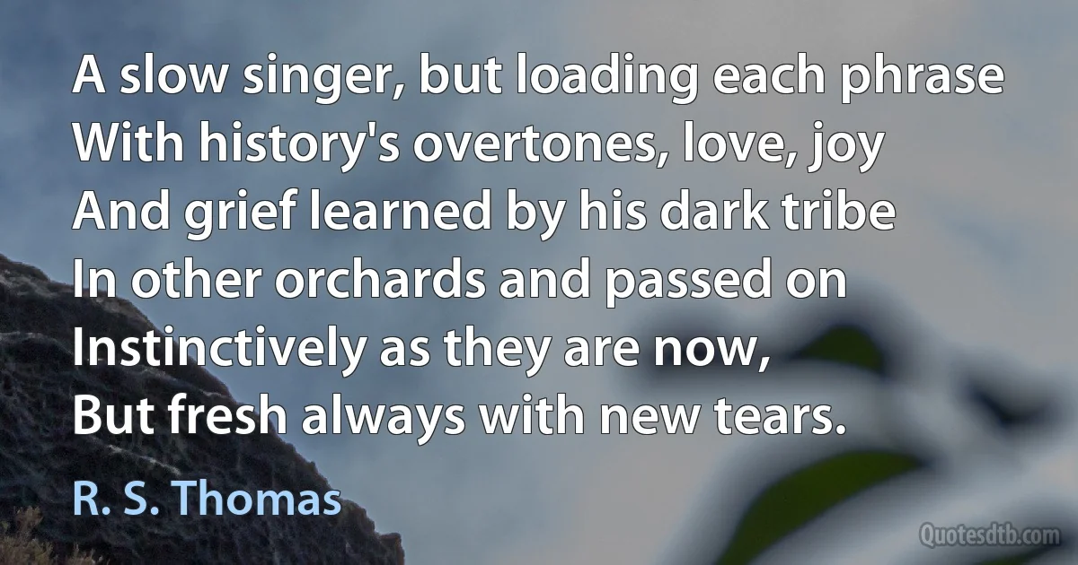 A slow singer, but loading each phrase
With history's overtones, love, joy
And grief learned by his dark tribe
In other orchards and passed on
Instinctively as they are now,
But fresh always with new tears. (R. S. Thomas)