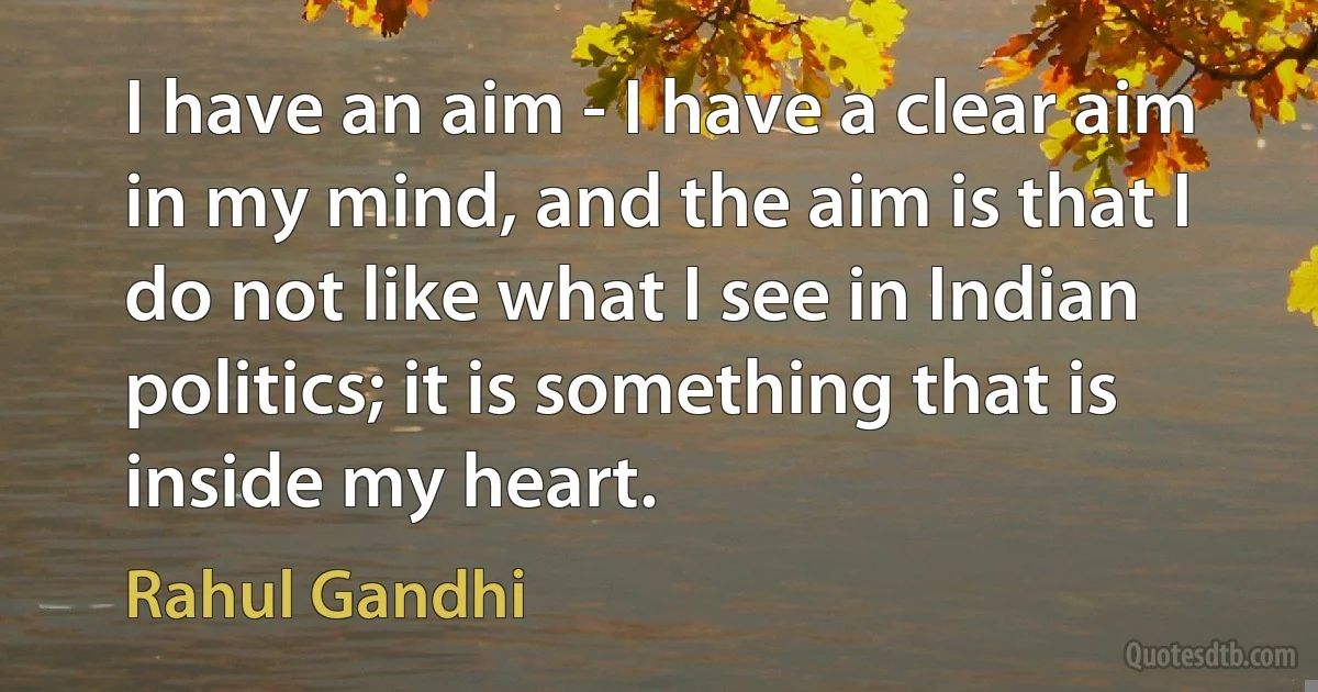 I have an aim - I have a clear aim in my mind, and the aim is that I do not like what I see in Indian politics; it is something that is inside my heart. (Rahul Gandhi)