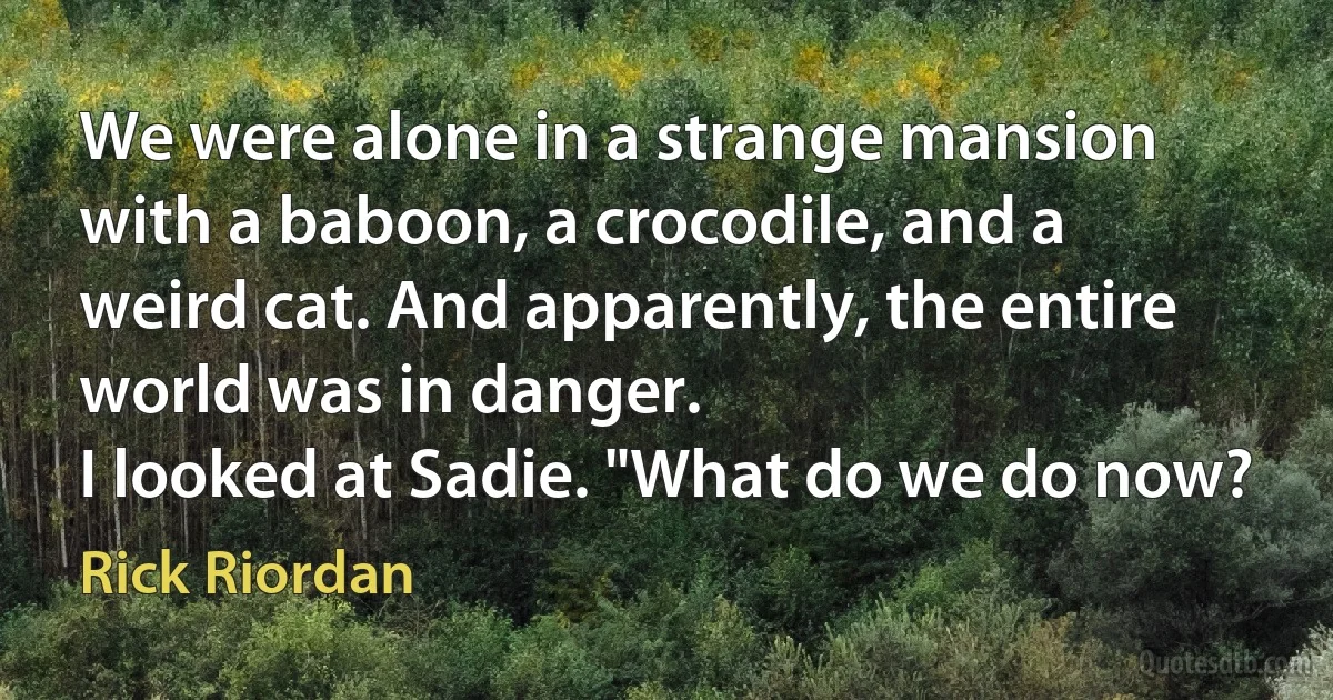 We were alone in a strange mansion with a baboon, a crocodile, and a weird cat. And apparently, the entire world was in danger.
I looked at Sadie. "What do we do now? (Rick Riordan)