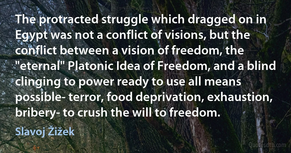 The protracted struggle which dragged on in Egypt was not a conflict of visions, but the conflict between a vision of freedom, the "eternal" Platonic Idea of Freedom, and a blind clinging to power ready to use all means possible- terror, food deprivation, exhaustion, bribery- to crush the will to freedom. (Slavoj Žižek)