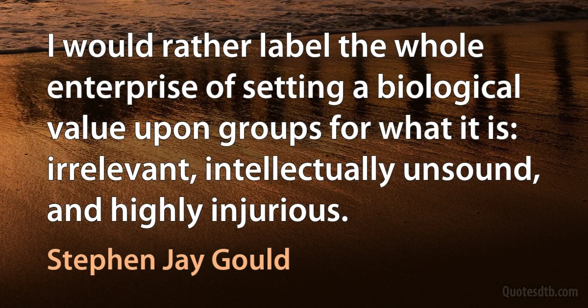 I would rather label the whole enterprise of setting a biological value upon groups for what it is: irrelevant, intellectually unsound, and highly injurious. (Stephen Jay Gould)