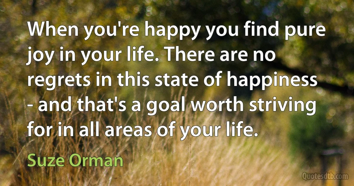 When you're happy you find pure joy in your life. There are no regrets in this state of happiness - and that's a goal worth striving for in all areas of your life. (Suze Orman)