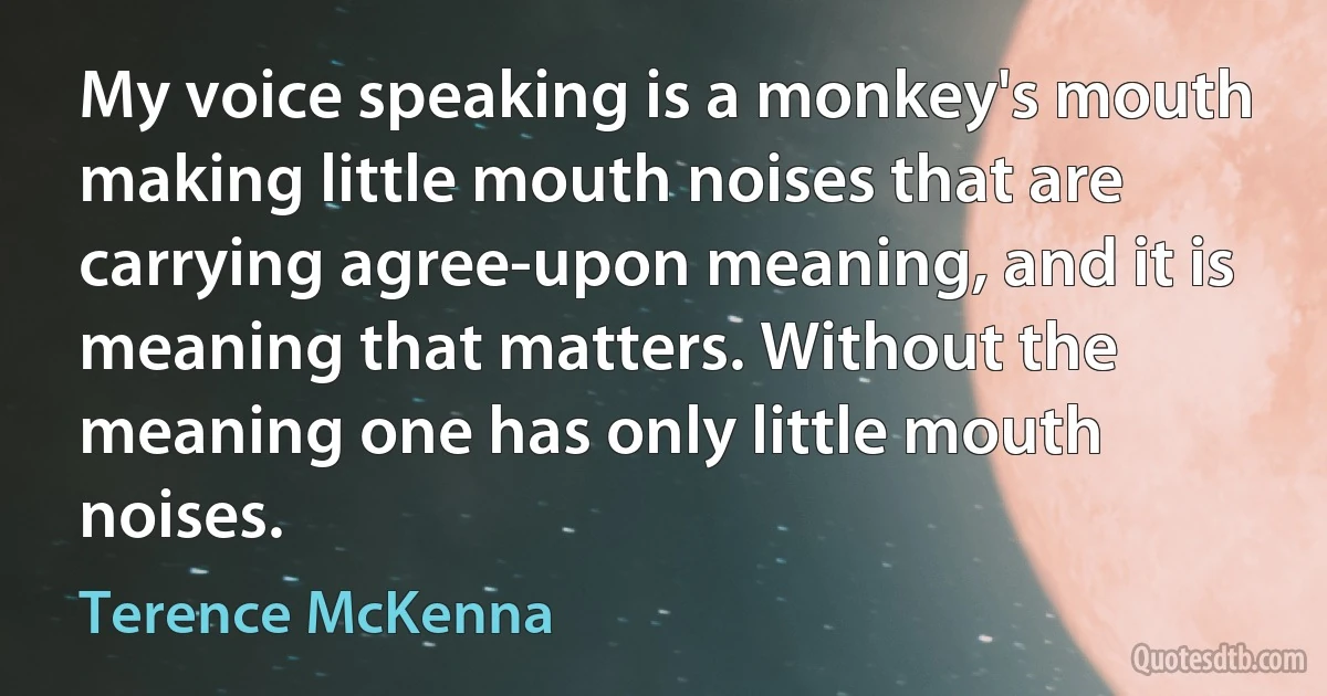 My voice speaking is a monkey's mouth making little mouth noises that are carrying agree-upon meaning, and it is meaning that matters. Without the meaning one has only little mouth noises. (Terence McKenna)