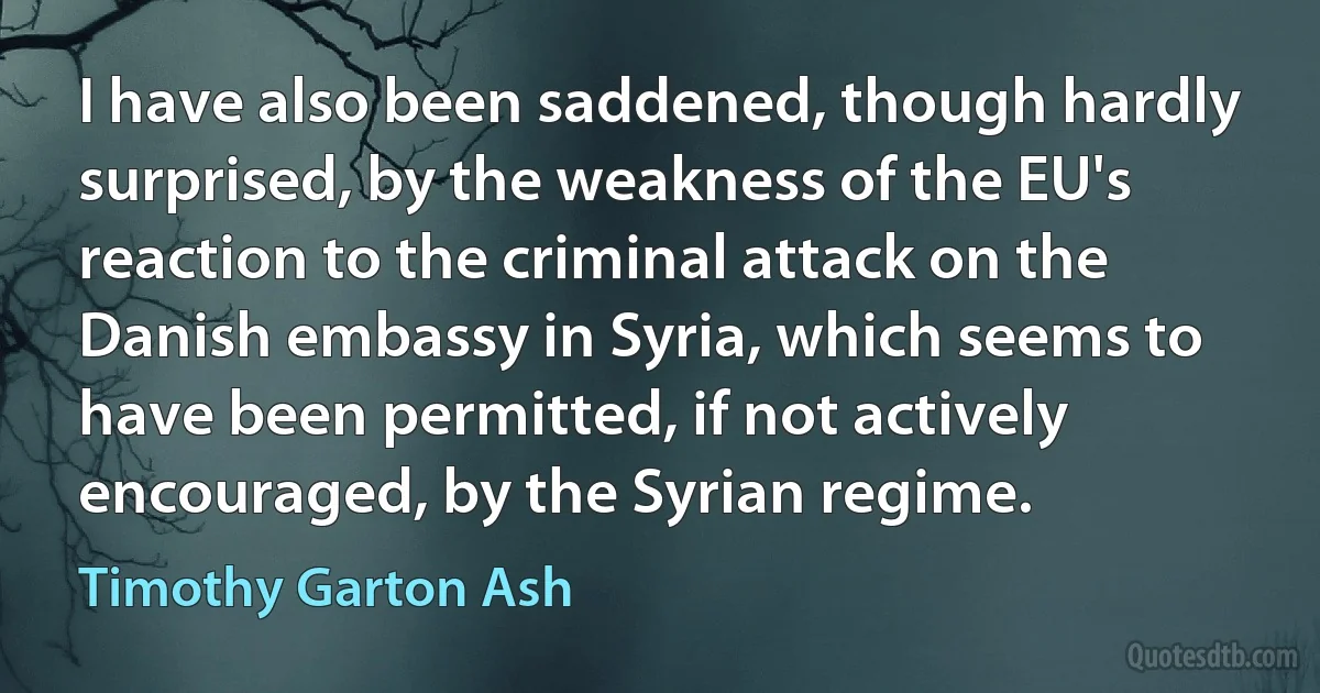 I have also been saddened, though hardly surprised, by the weakness of the EU's reaction to the criminal attack on the Danish embassy in Syria, which seems to have been permitted, if not actively encouraged, by the Syrian regime. (Timothy Garton Ash)