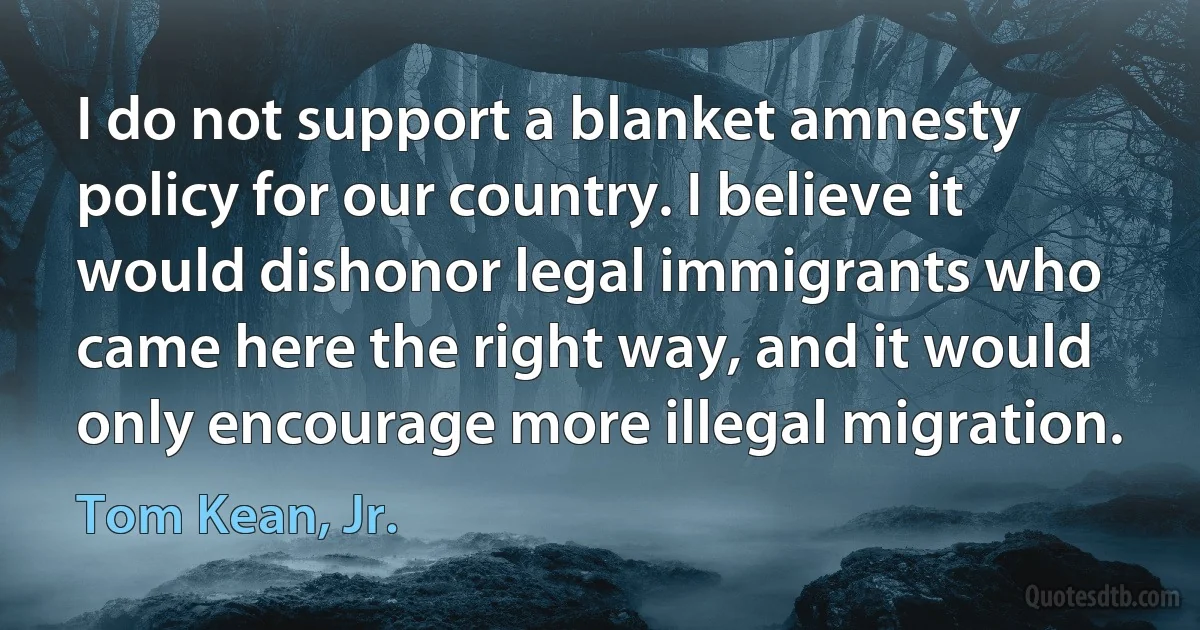 I do not support a blanket amnesty policy for our country. I believe it would dishonor legal immigrants who came here the right way, and it would only encourage more illegal migration. (Tom Kean, Jr.)