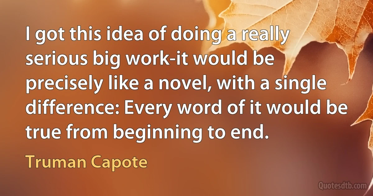 I got this idea of doing a really serious big work-it would be precisely like a novel, with a single difference: Every word of it would be true from beginning to end. (Truman Capote)