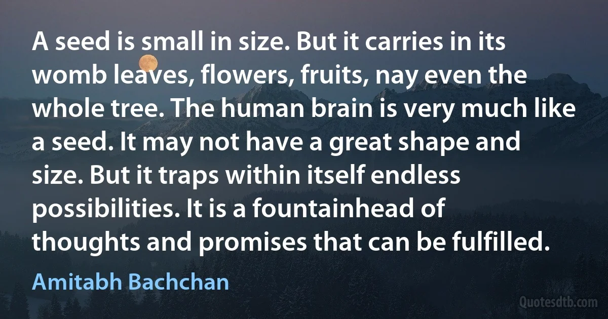 A seed is small in size. But it carries in its womb leaves, flowers, fruits, nay even the whole tree. The human brain is very much like a seed. It may not have a great shape and size. But it traps within itself endless possibilities. It is a fountainhead of thoughts and promises that can be fulfilled. (Amitabh Bachchan)