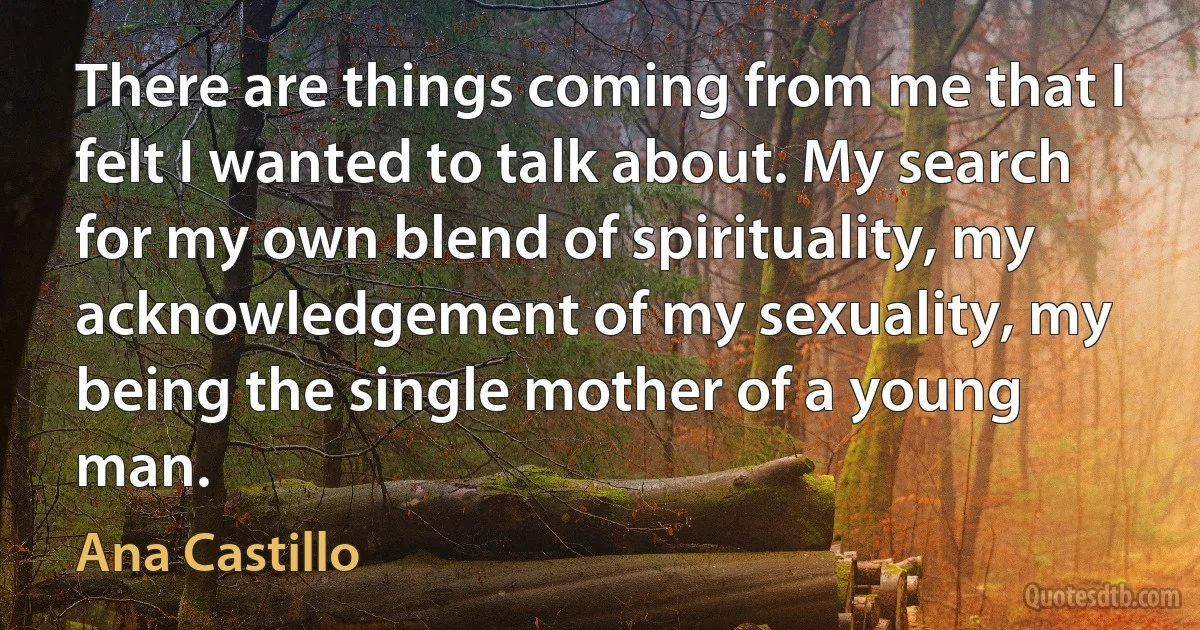 There are things coming from me that I felt I wanted to talk about. My search for my own blend of spirituality, my acknowledgement of my sexuality, my being the single mother of a young man. (Ana Castillo)