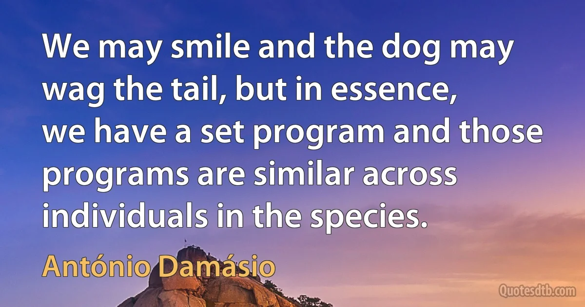 We may smile and the dog may wag the tail, but in essence, we have a set program and those programs are similar across individuals in the species. (António Damásio)