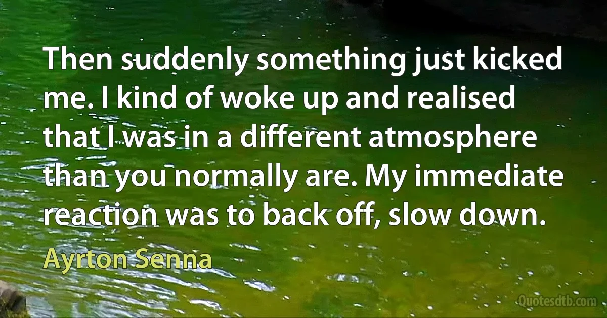 Then suddenly something just kicked me. I kind of woke up and realised that I was in a different atmosphere than you normally are. My immediate reaction was to back off, slow down. (Ayrton Senna)