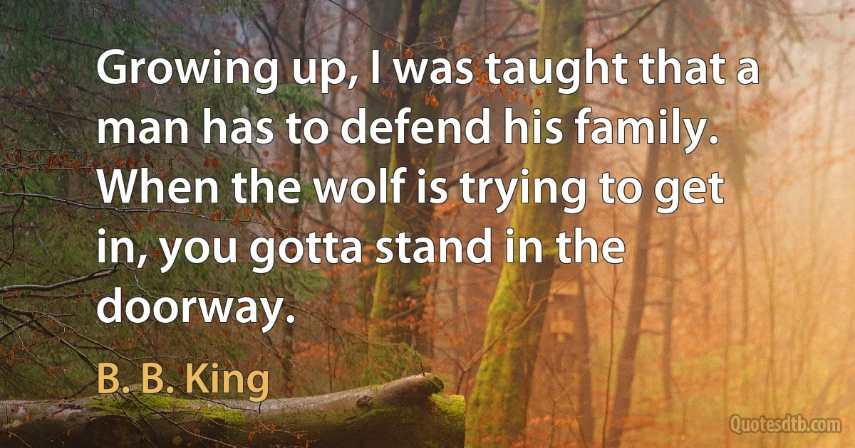 Growing up, I was taught that a man has to defend his family. When the wolf is trying to get in, you gotta stand in the doorway. (B. B. King)