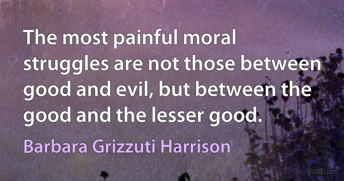 The most painful moral struggles are not those between good and evil, but between the good and the lesser good. (Barbara Grizzuti Harrison)