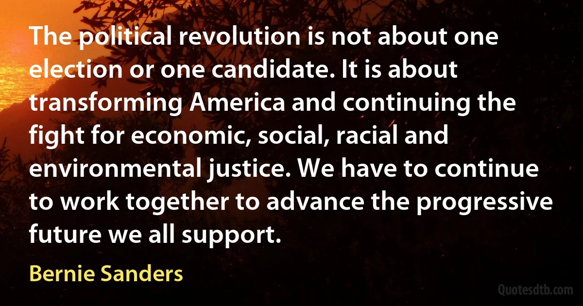 The political revolution is not about one election or one candidate. It is about transforming America and continuing the fight for economic, social, racial and environmental justice. We have to continue to work together to advance the progressive future we all support. (Bernie Sanders)