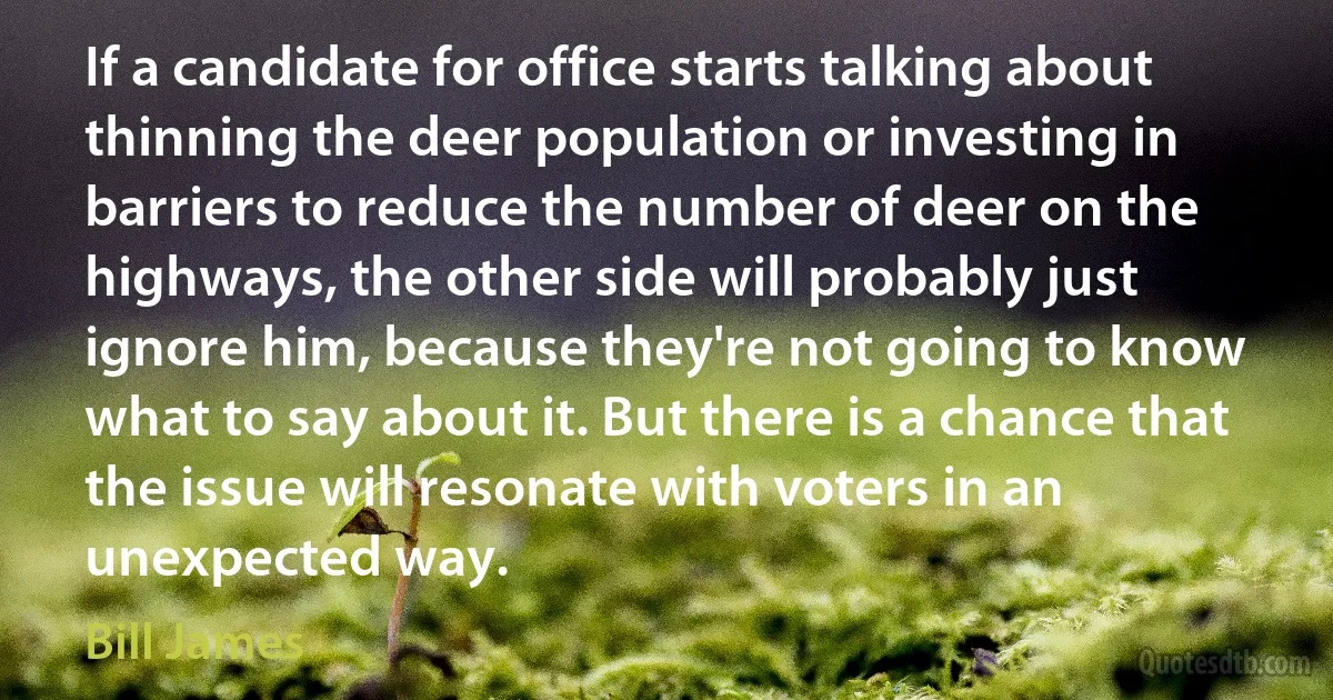 If a candidate for office starts talking about thinning the deer population or investing in barriers to reduce the number of deer on the highways, the other side will probably just ignore him, because they're not going to know what to say about it. But there is a chance that the issue will resonate with voters in an unexpected way. (Bill James)