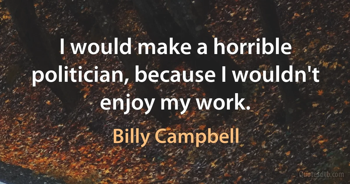 I would make a horrible politician, because I wouldn't enjoy my work. (Billy Campbell)