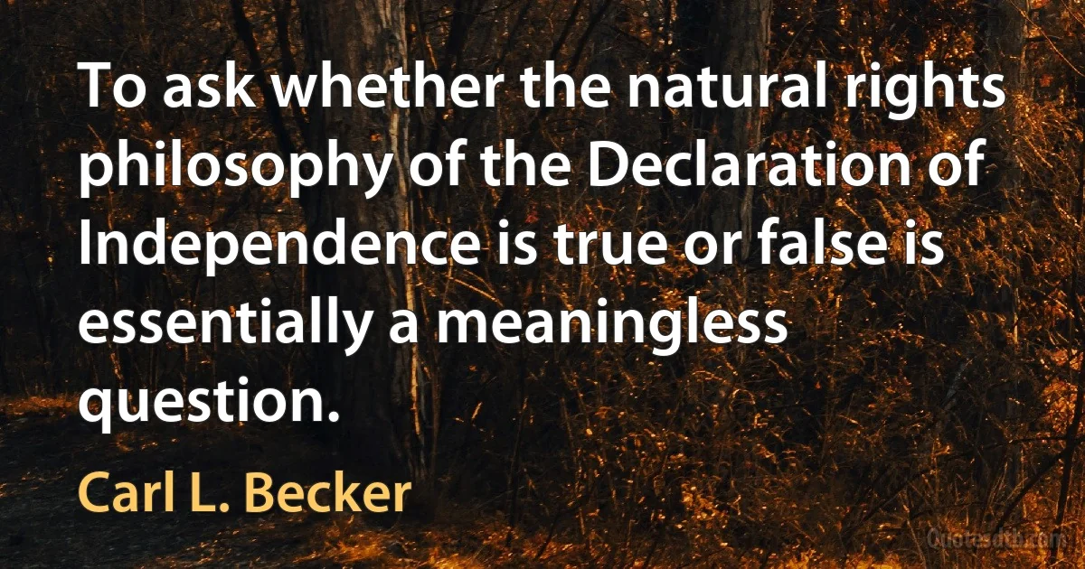 To ask whether the natural rights philosophy of the Declaration of Independence is true or false is essentially a meaningless question. (Carl L. Becker)