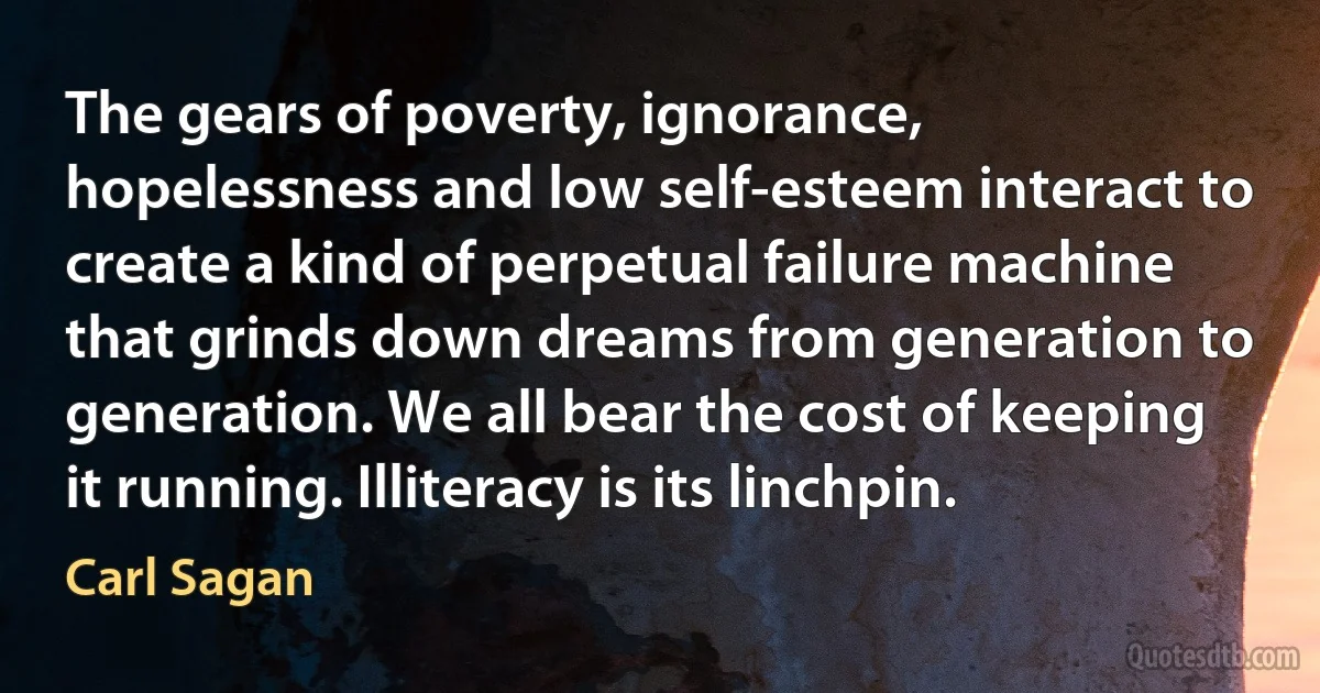 The gears of poverty, ignorance, hopelessness and low self-esteem interact to create a kind of perpetual failure machine that grinds down dreams from generation to generation. We all bear the cost of keeping it running. Illiteracy is its linchpin. (Carl Sagan)