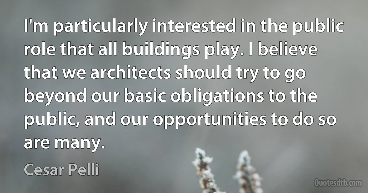 I'm particularly interested in the public role that all buildings play. I believe that we architects should try to go beyond our basic obligations to the public, and our opportunities to do so are many. (Cesar Pelli)