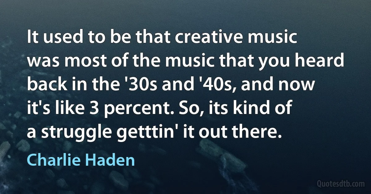 It used to be that creative music was most of the music that you heard back in the '30s and '40s, and now it's like 3 percent. So, its kind of a struggle getttin' it out there. (Charlie Haden)